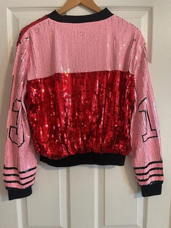 Sequin Bomber Jacket with '13' Graphic - Red & Pink - Picture 2 of 3